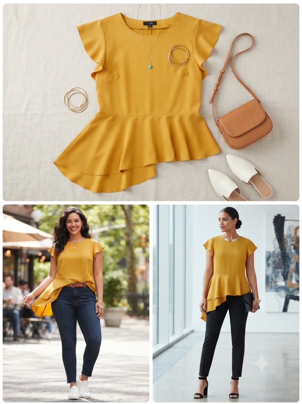 L.N.V. Mustard Yellow Asymmetrical Peplum Ruffle Top XL